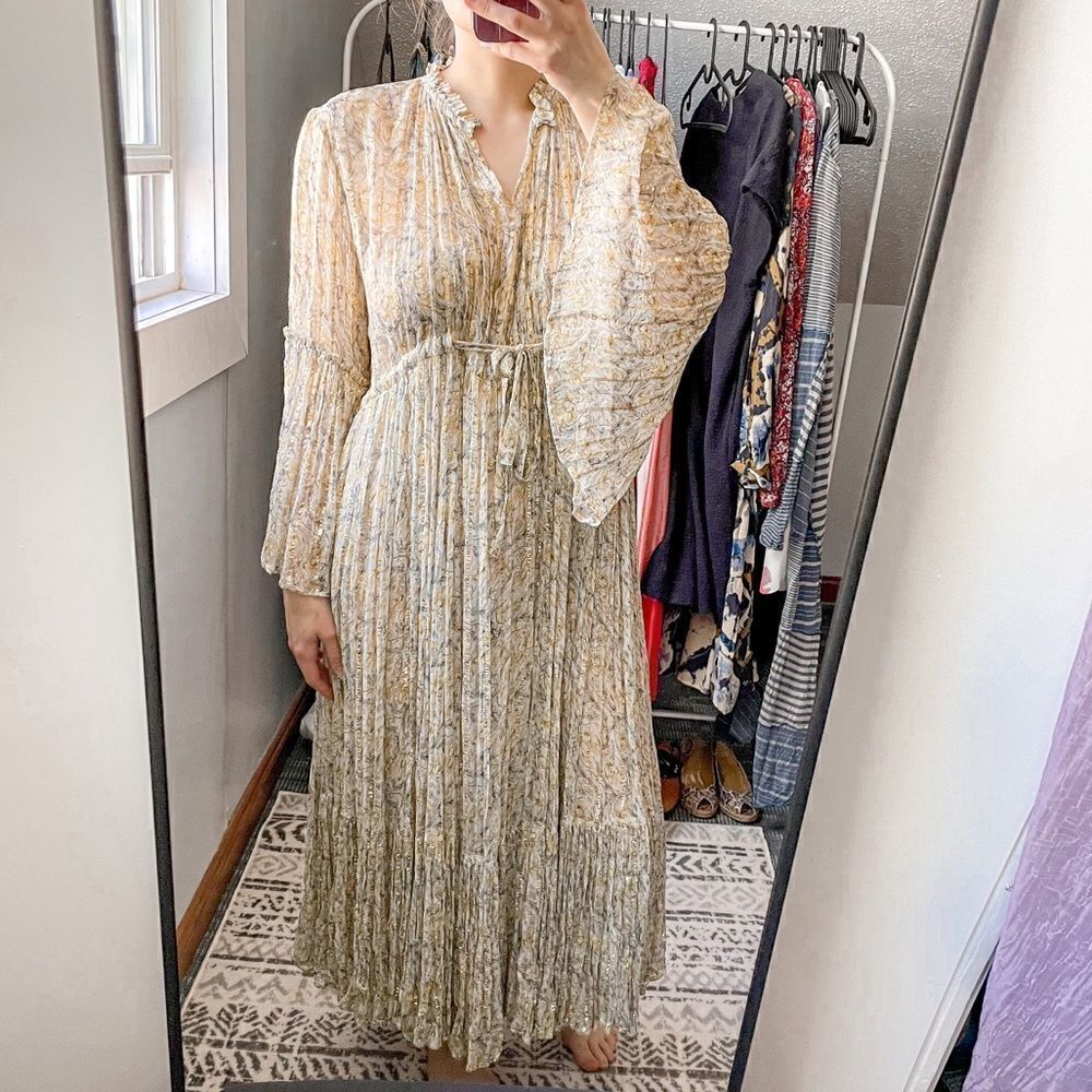 Ne Quittez Pas Chiffon Yellow Midi Dress Sheer Long Sleeve S